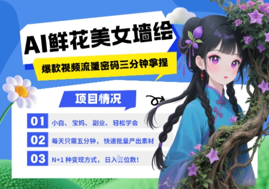 久爱副业网,网赚项目,网赚论坛博客网分享AI+墙绘+美女+鲜花，2025最火流量密码，小白三分钟学会，N种变现渠道，月入五位数
