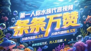 第一人称水族代言视频，条条万赞，20条作品涨粉7.8W，多种变现方式月入五位数-就爱副业网