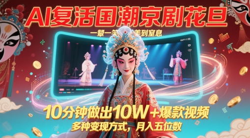 久爱副业网,网赚项目,网赚论坛博客网分享AI复活国潮京剧花旦，一颦一笑美到窒息，10分钟做出10W+爆款视频，多种变现方式，月入五位数