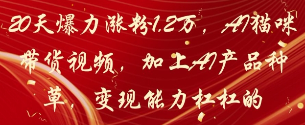 久爱副业网,网赚项目,网赚论坛博客网分享20天爆力涨粉1.2W，AI猫咪带货视频，加上AI产品种草，变现能力杠杠的