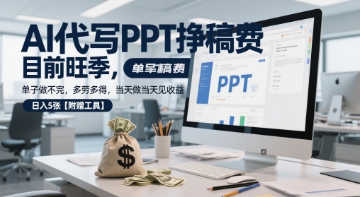 久爱副业网,网赚项目,网赚论坛博客网分享AI代写PPT挣稿费，目前旺季，单子做不完，多劳多得，当天做当天见收益，日入5张【附赠工具】