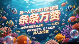 第一人称水族形象代言视频，每条皆赞，20 部作品增粉 8.5 万，多样变现途径月进五位数-就爱副业网