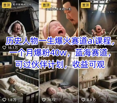 久爱副业网,网赚项目,网赚论坛博客网分享历史人物一生爆火赛道ai课程，一个月爆粉40w，蓝海赛道，可过伙伴计划，收益可观