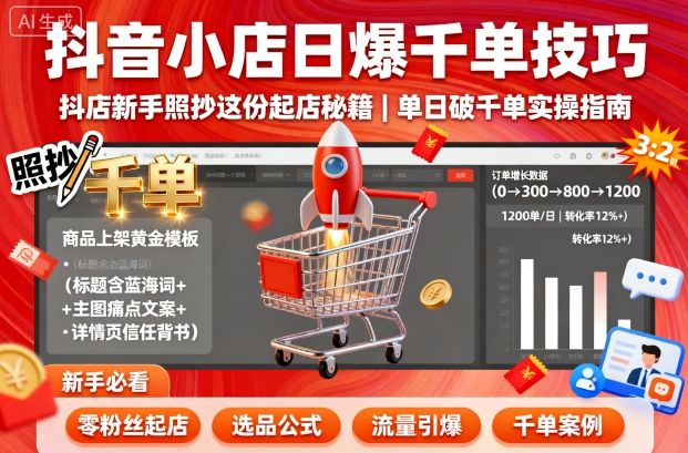 久爱副业网,网赚项目,网赚论坛博客网分享抖音小店日爆千单技巧，抖店新手照抄这份起店秘籍，单日破千单