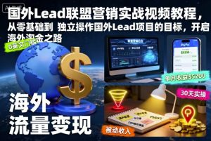 国外Lead联盟营销实战视频教程，从零基础到独立操作国外Lead项目的目标，开启海外淘金之路-就爱副业网