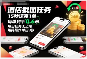 酒店截图任务，15秒速完1单，每单到手0.6米，每日任务无上限，全网首发玩法，矩阵操作单日3张【揭秘】-就爱副业网