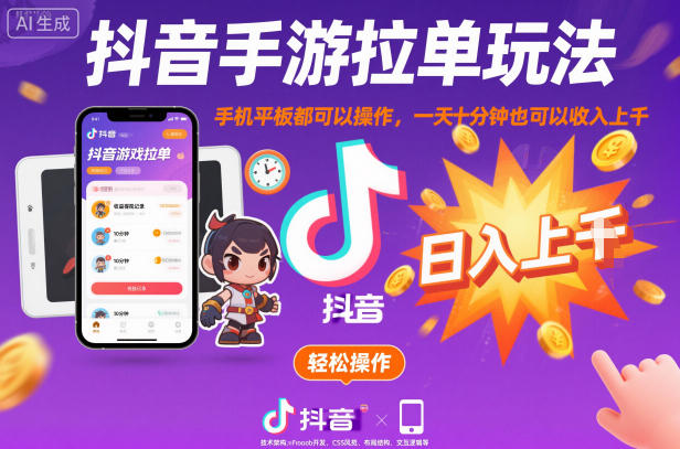 久爱副业网,网赚项目,网赚论坛博客网分享抖音手游拉单玩法，手机平板都可以操作，一天十分钟也可以收入上K【揭秘】