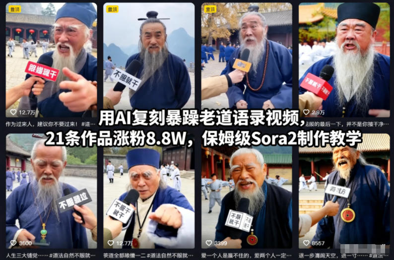 久爱副业网,网赚项目,网赚论坛博客网分享用AI复刻暴躁老道语录视频,21条作品涨粉8.8W,保姆级Sora2制作教学