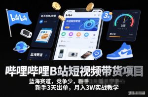 哔哩哔哩B站短视频带货项目，蓝海赛道，竞争少，新手3天出单，月入3W实战教学-就爱副业网