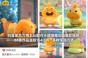 抖音某百万博主AI制作水豚噜噜动画爆款视频,84条作品涨粉164.6W,多种变现方式-就爱副业网
