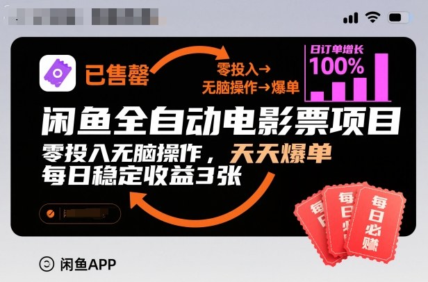久爱副业网,网赚项目,网赚论坛博客网分享闲鱼全自动电影票项目，零投入无脑操作，天天爆单，每日稳定收益3张【揭秘】