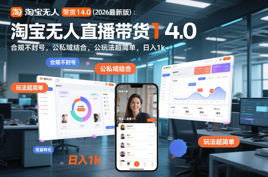 久爱副业网,网赚项目,网赚论坛博客网分享淘宝无人直播带货14.0(2026最新版):合规不封号,公私域结合,玩法超简单,日入1k+【揭秘】