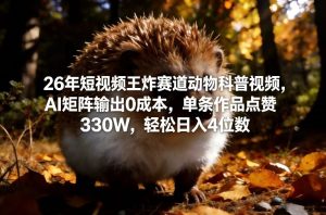 26年短视频王炸赛道动物科普视频，AI矩阵输出0成本，单条作品点赞330W，轻松日入4位数-就爱副业网