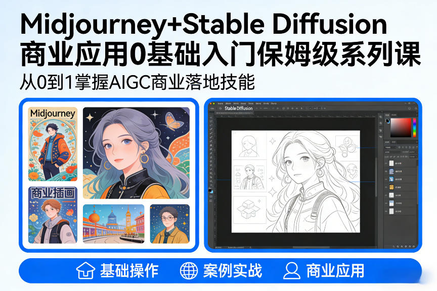 久爱副业网,网赚项目,网赚论坛博客网分享AIGC商业应用Midjourney+Stable Diffusion教程,0基础入门保姆级系列课