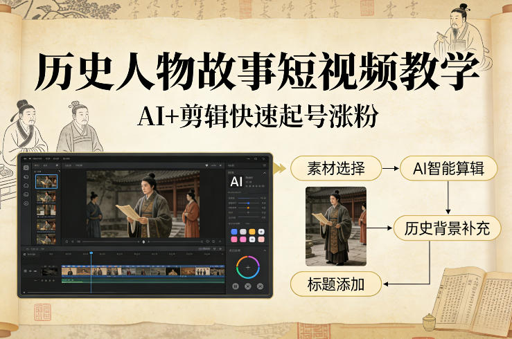 久爱副业网,网赚项目,网赚论坛博客网分享历史人物故事短视频教学,AI+剪辑制作历史人物题材短视频,快速起号涨粉