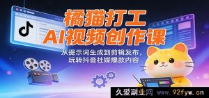 新手必看橘猫打工AI短视频制作实战课：从AI提示词编写到剪辑发布 打造抖音小红书爆款短视频-就爱副业网