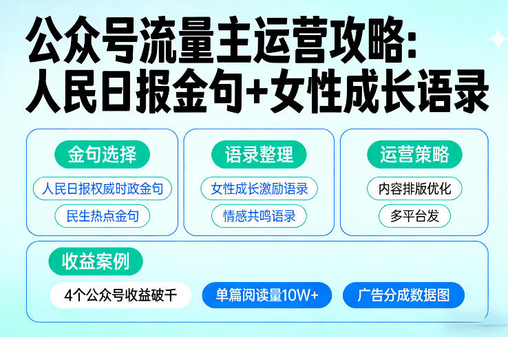 久爱副业网,网赚项目,网赚论坛博客网分享利用人民日报金句+女性成长语录做公众号流量主,4个公众号收益破千