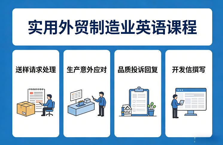 久爱副业网,网赚项目,网赚论坛博客网分享实用外贸制造业英语课程,教你专业处理送样请求、应对生产意外、回复品质投诉、撰写开发信等